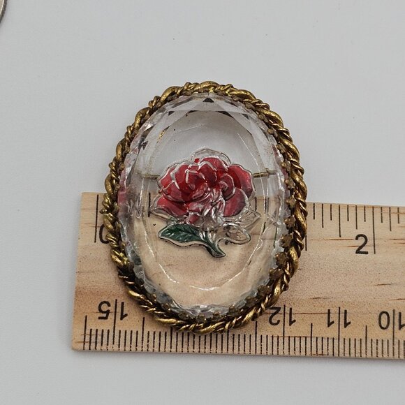Vintage Gold-Toned Frame Clear Glass Red Handpainted Rose Brooch Fashion Jewelry - Picture 16 of 16
